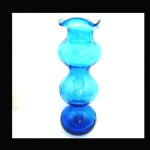 Vintage mid century blue art glass vase bulbous unique genie gourd